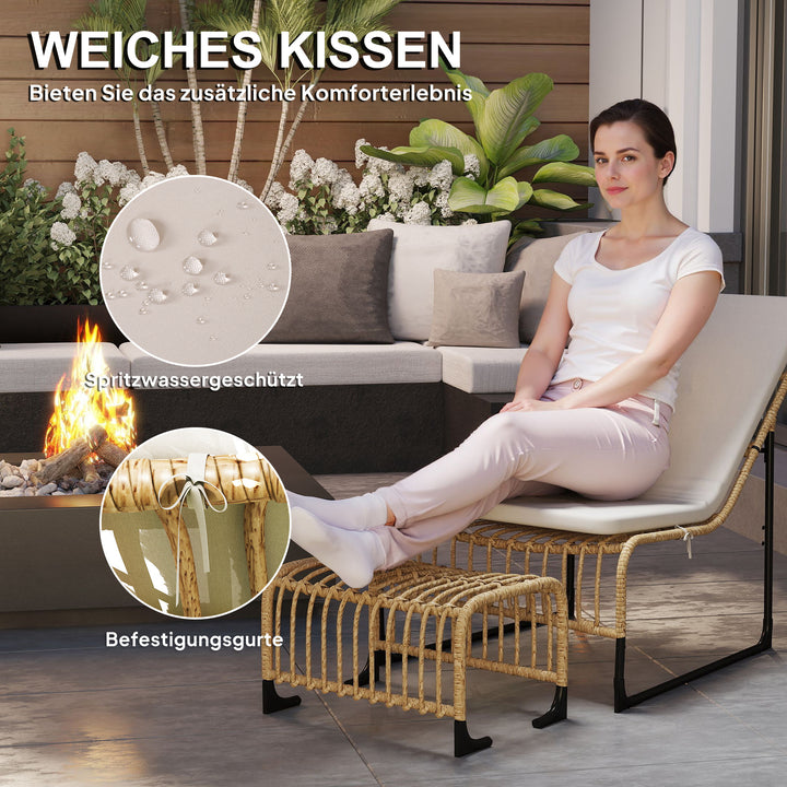 Rattan-afslapningsstol med fodskammel uv-bestandig havestol med hynderemme 65 x 93 x 80 cm naturtræ