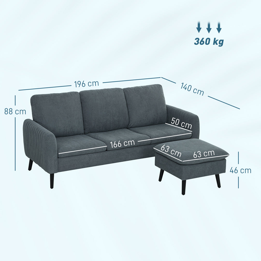 Hjørnesofa, 3-personers sofa med fodskammel, stofbetræk, L-formet sofasæt, mørkegrå
