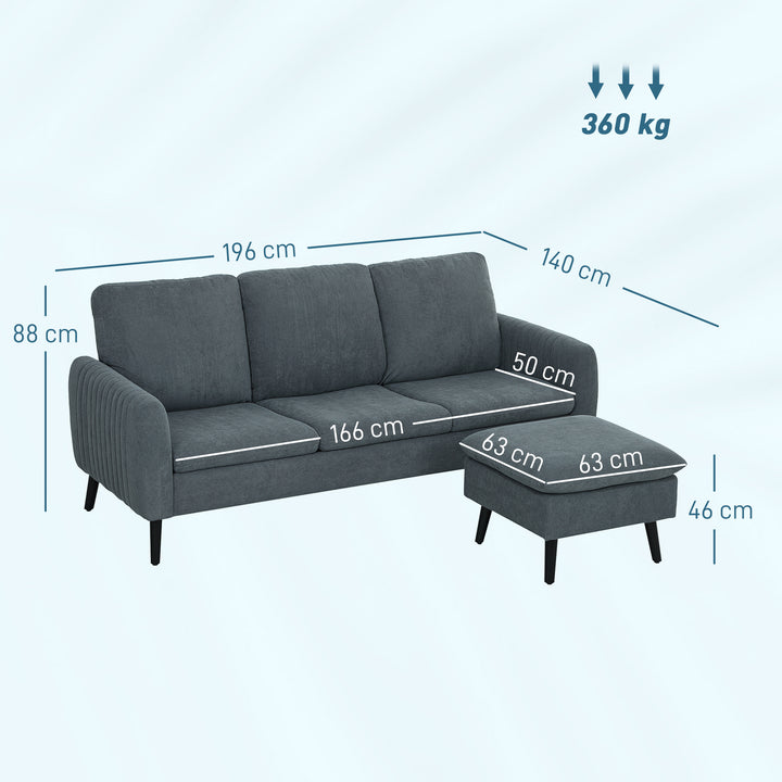 Hjørnesofa, 3-personers sofa med fodskammel, stofbetræk, L-formet sofasæt, mørkegrå