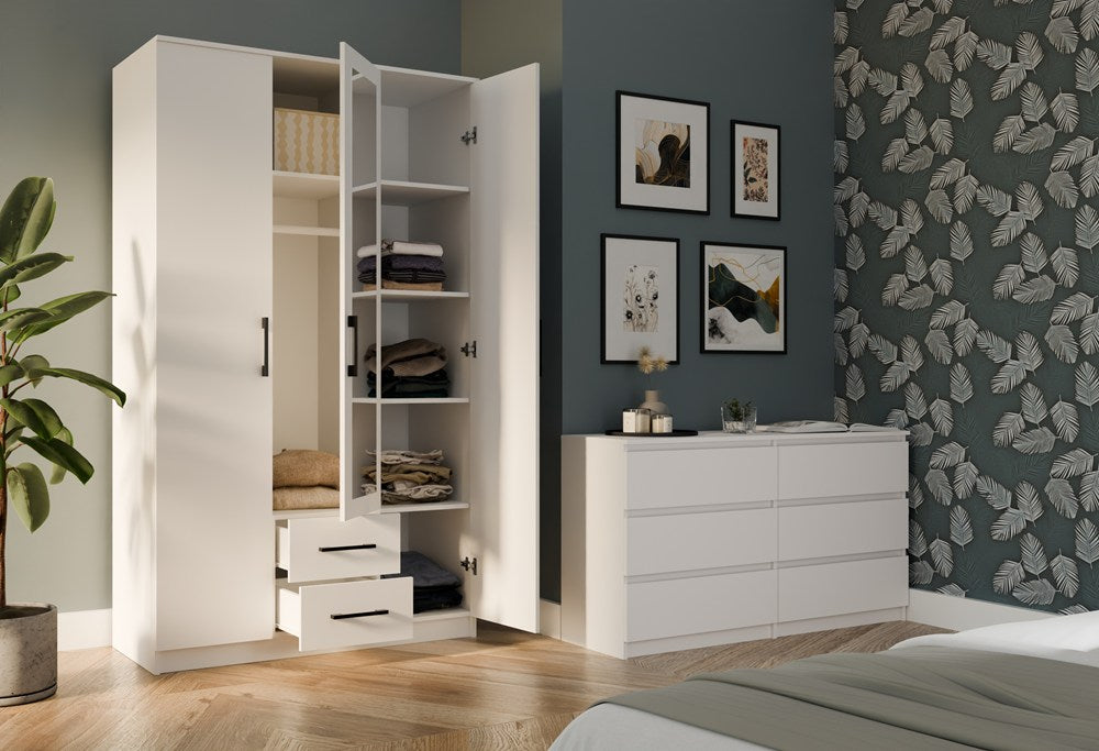 Moderne klædeskab med spejl, Højde: 205 cm Bredde: 120 cm Dybde: 54 cm, hvid