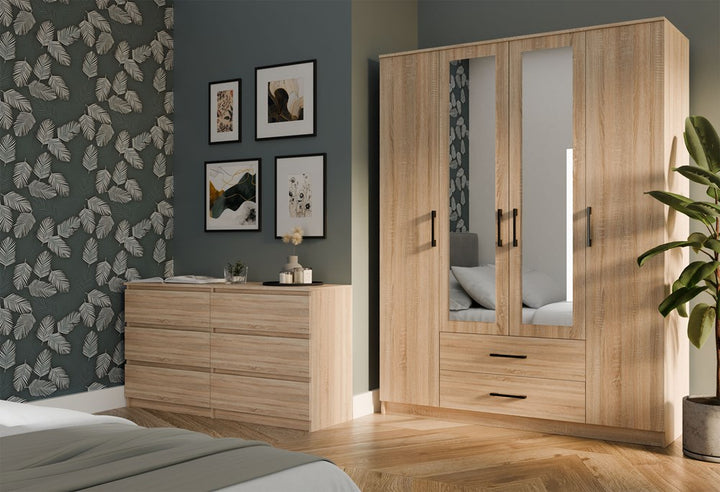 Moderne klædeskab med spejl, Højde: 205 cm Bredde: 160 cm Dybde: 54 cm, naturfarvet