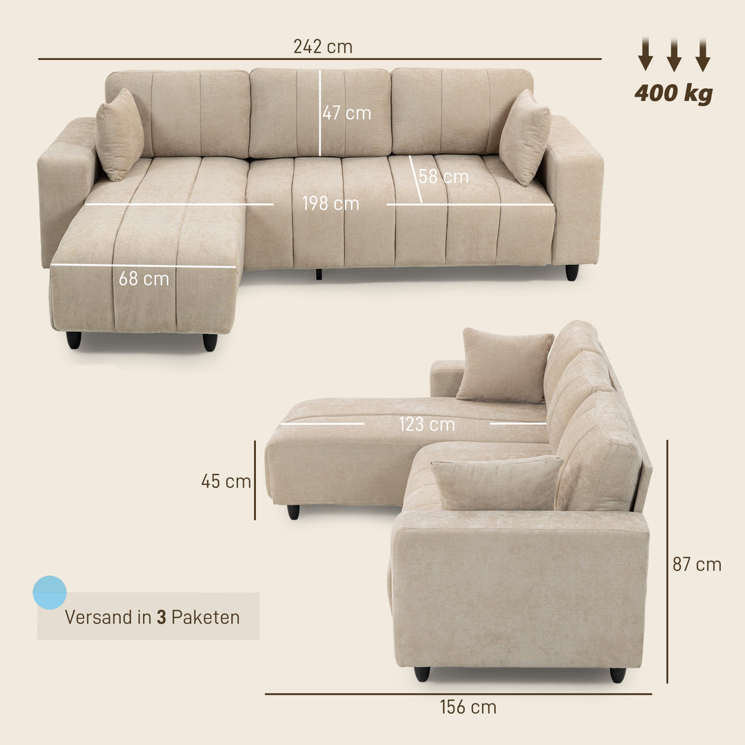 L-formet hjørnesofa med fleksibel chaiselong, 3-personers sofa med 2 hynder, metalstel, til stue, beige