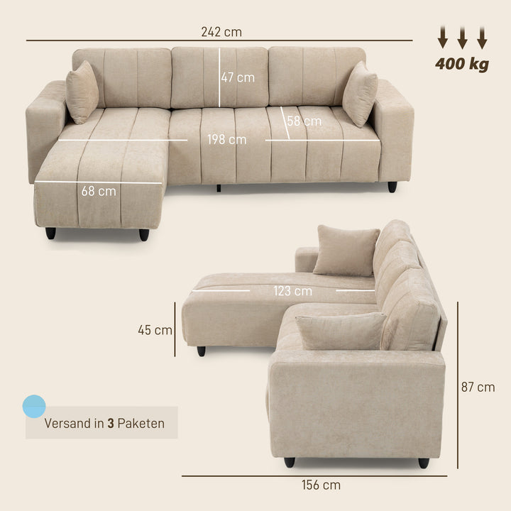 L-formet hjørnesofa med fleksibel chaiselong, 3-personers sofa med 2 hynder, metalstel, til stue, beige