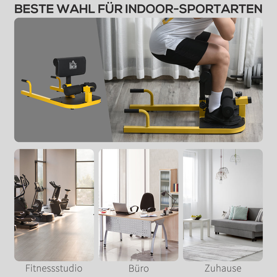 Sissy squat squat trainer bentræner mavetræner baldetræner 3 i 1 træner justerbar op til 120 kg stål gul+sort 50 x 97 x (44,5–56,5) cm