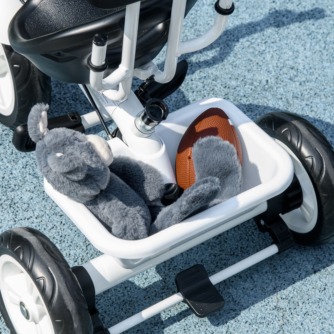 6-I-1 børnetrecykel med skubbehåndtag, kaleche, bælte, opbevaringskurv, til 1-5 år, hvid