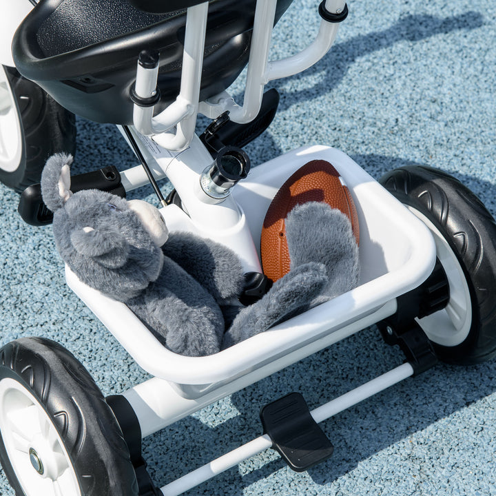 6-I-1 børnetrecykel med skubbehåndtag, kaleche, bælte, opbevaringskurv, til 1-5 år, hvid