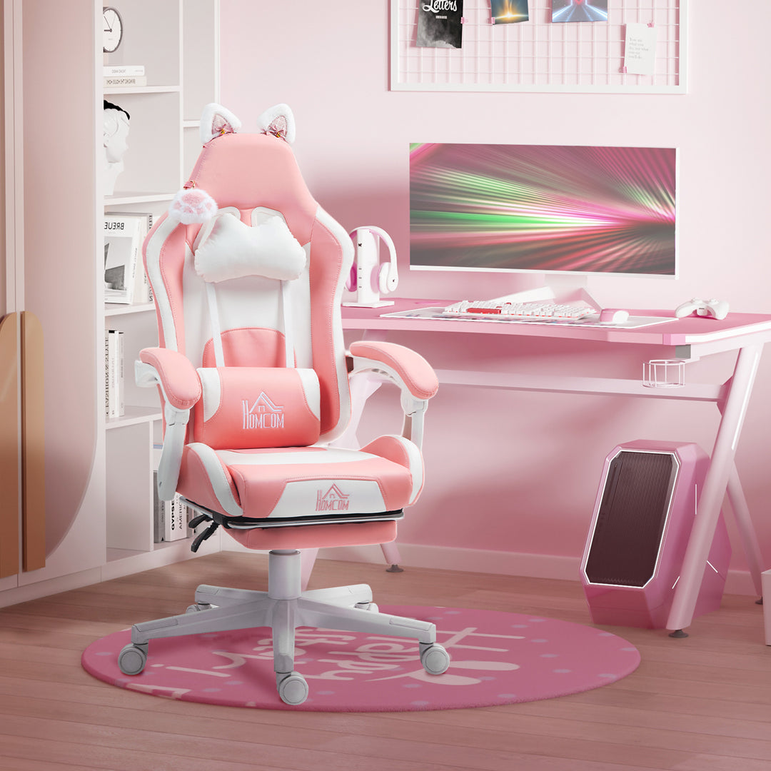 Gamingstol med katteører, lænelæn, udtrækkelig fodstøtte, op til 120 kg, pink/hvid