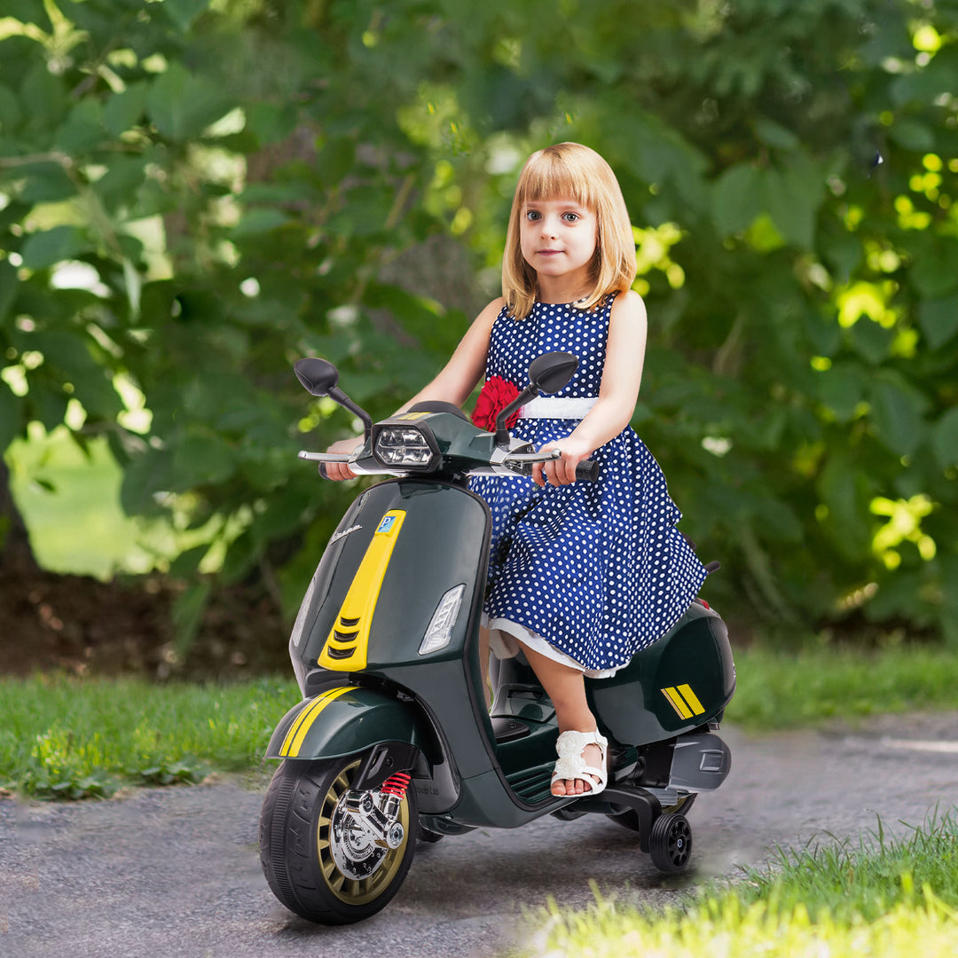 Elektrisk børnemotorcykel, vespa, 3 km/t, 3-6 år, musik, lys og radio, mørkegrøn