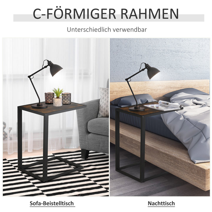 C-formet sidebord, sofabord, laptopbord til soveværelse og stue, lille område med metalramme, industriel stil, metal, mdf, rustik brun, 40,6 x 50,8 x 64,2 cm