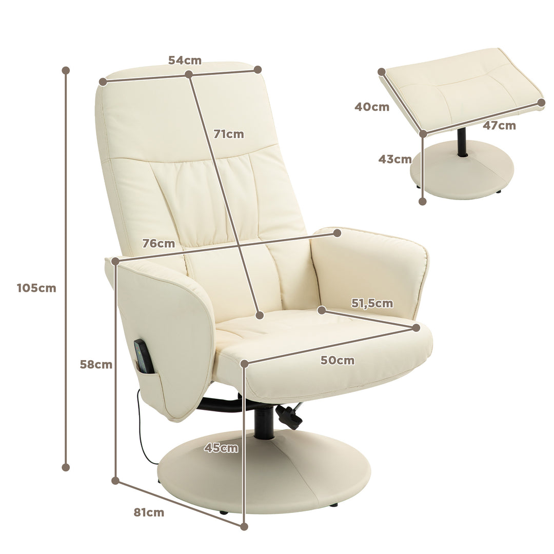 Massagestol med fodskammel, ergonomisk stol med 10 vibrationspunkter, kunstlæder, 76 x 81 x 105 cm, cremehvid