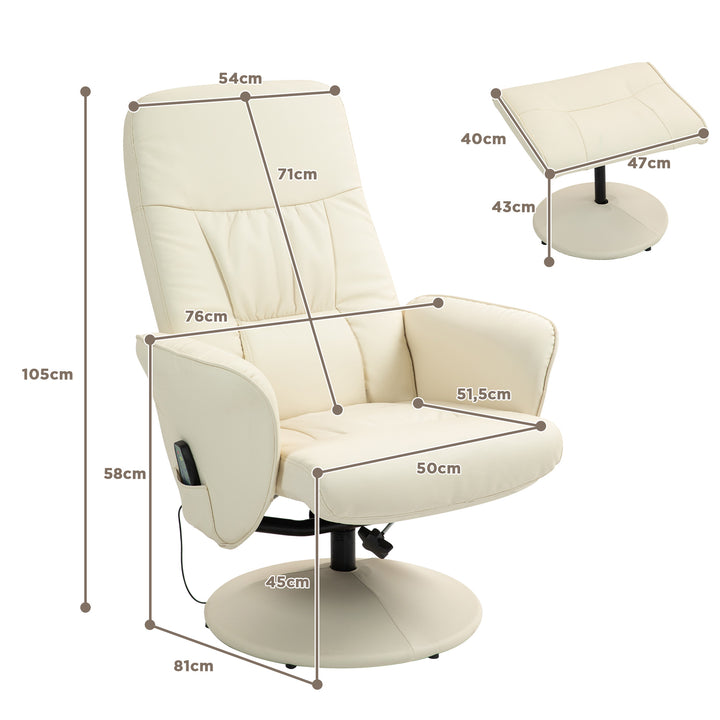 Massagestol med fodskammel, ergonomisk stol med 10 vibrationspunkter, kunstlæder, 76 x 81 x 105 cm, cremehvid