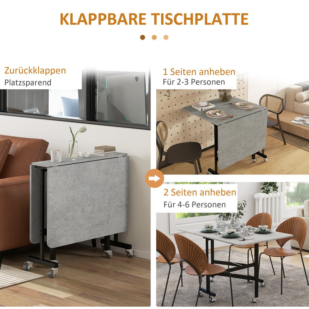 Spisebord til 4-6 personer, klapbord med hjul, stålstel, 52,5-120 x 80 x 73 cm, grå