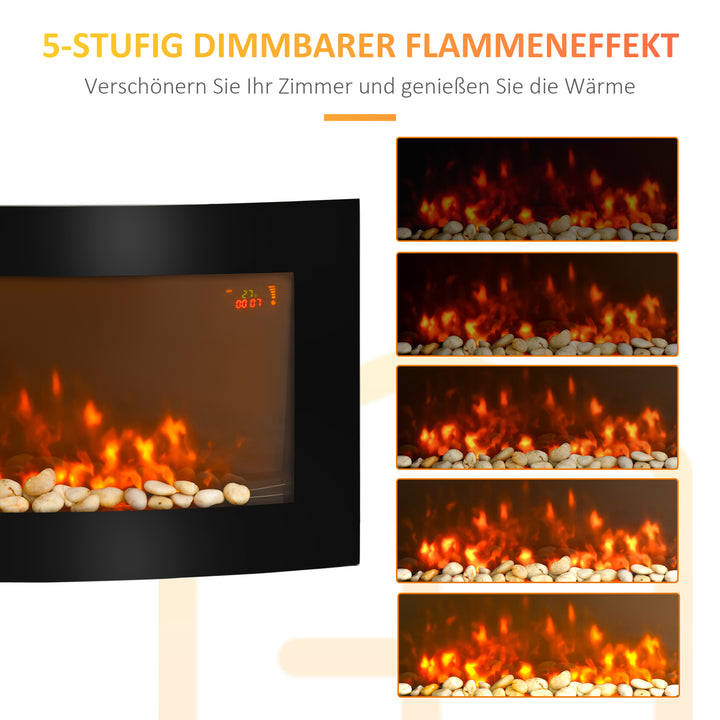 Elektrisk pejs med varmelegeme, vægmonteret pejs med LED-flammeeffekt, 7 flammefarver, 1000/2000 W, elektrisk pejs med timer, justerbar termostat, dekorativ pejs med fjernbetjening, sort, 89,2 cm