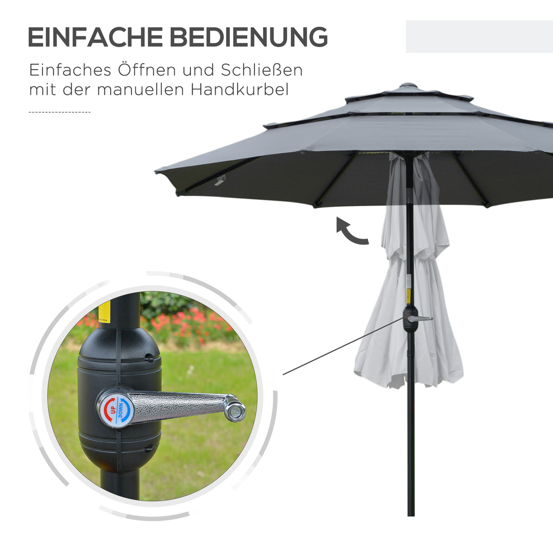 Parasol med 3-lags baldakin håndsving terrasseparasol drejelig markedsparasol 8 ribber haveparasol med solbeskyttelse, 2,6 m, stål, polyester, mørkegrå