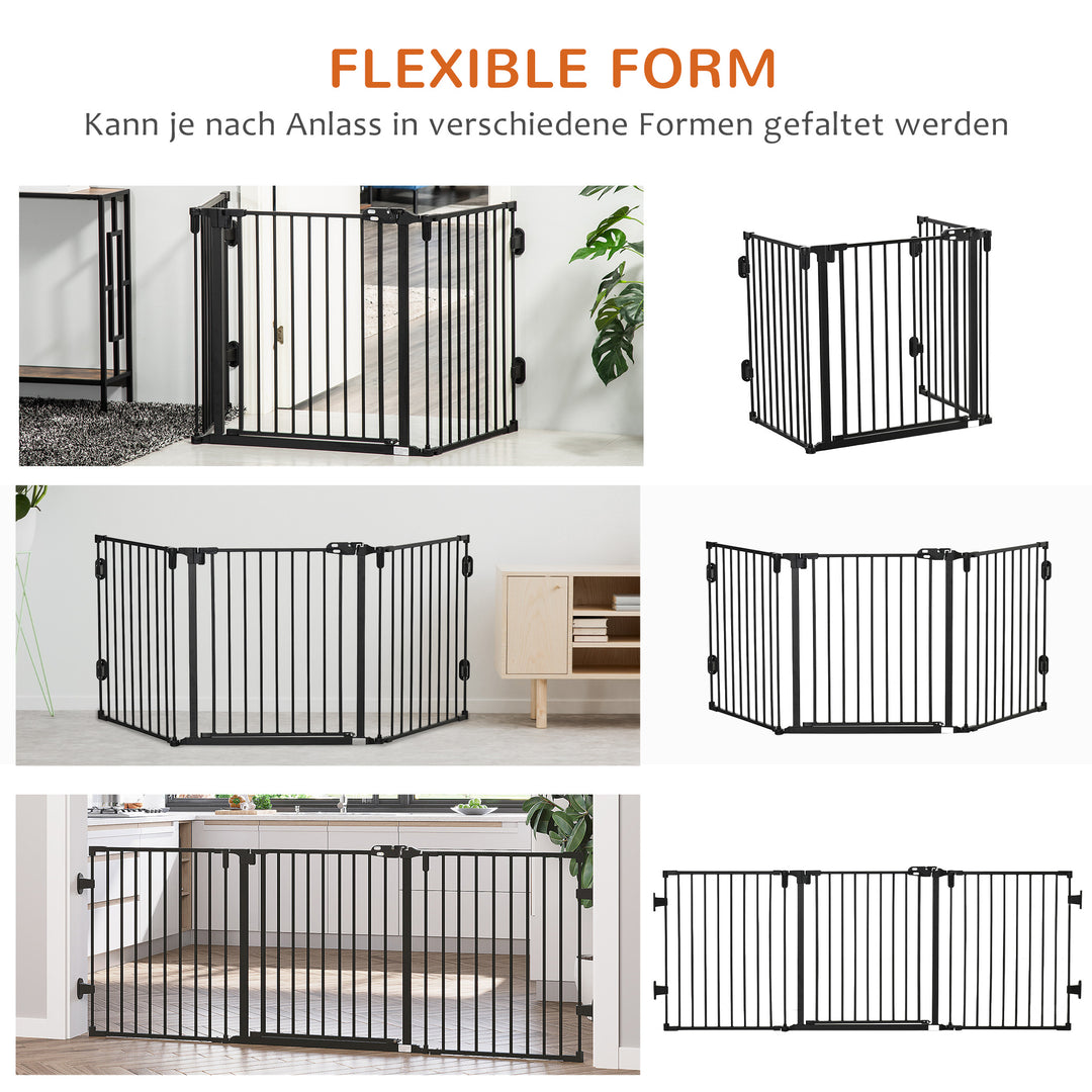 Hundebarrierer sikkerhedslåge kæledyrssikkerhedslåge justerbar foldbar pejsrist med automatisk lukning 3 paneler til komfur vægmonteret/fritstående sort 202,5 x 76 cm