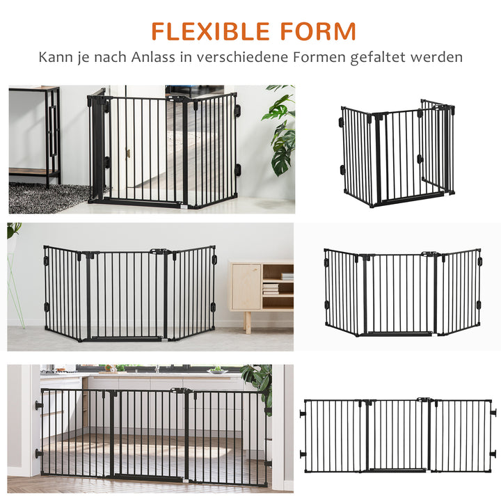 Hundebarrierer sikkerhedslåge kæledyrssikkerhedslåge justerbar foldbar pejsrist med automatisk lukning 3 paneler til komfur vægmonteret/fritstående sort 202,5 x 76 cm