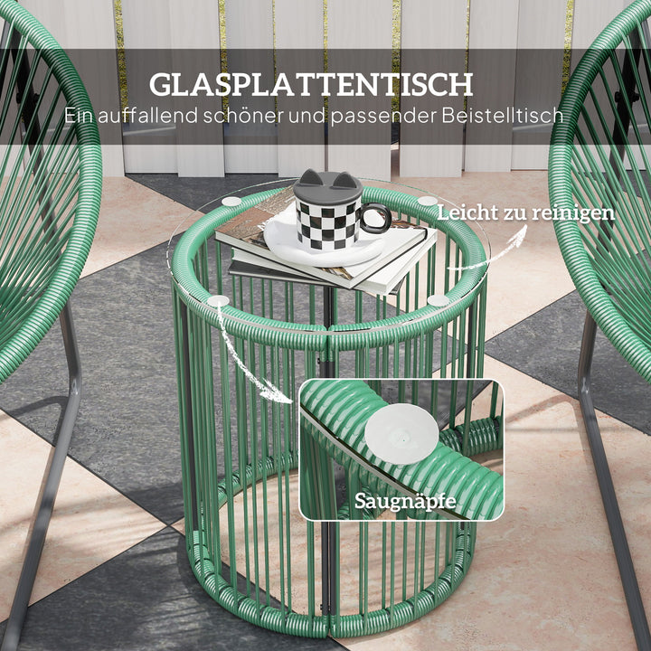 3-Delt havemøbelsæt, 1 bord, 2 stole, glasbordplade, plastikrattan omkring stålramme, bløde hynder, grøn