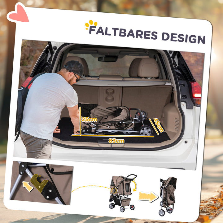 Hundevogn op til 10 kg sammenklappelig bundkurv 2 kopholdere justerbar baldakin kaffebrun