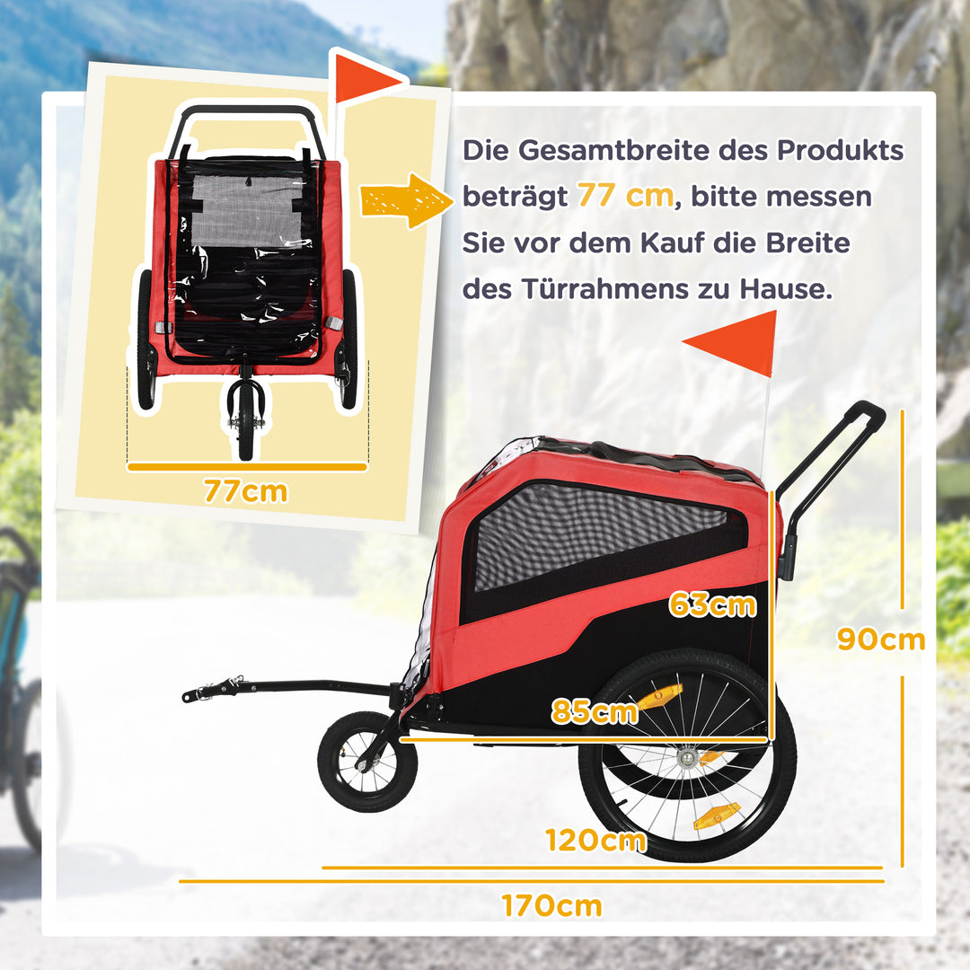 2-I-1 hundetrailer til hunde op til 30 kg, foldbar og opbevarbar, fodstøtte med styr, reflekser, sikkerhedsflag, 170 cm x 77 cm x 90 cm, rød