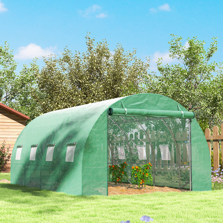 Polytunnel drivhus med plastikdæksel og stålramme, walk-in drivhustelt med rulledøre, grøn