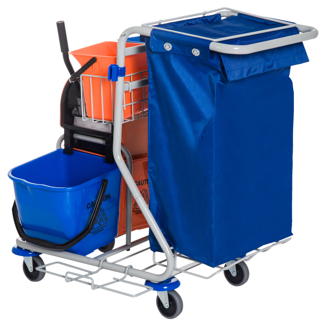 Rengøringsvogn med 2 x 18L og 2 x 6L spande, moppevogn, husholdningsvogn med moppepresse, opbevaringskurv, blå/orange, 93 x 80 x 97 cm