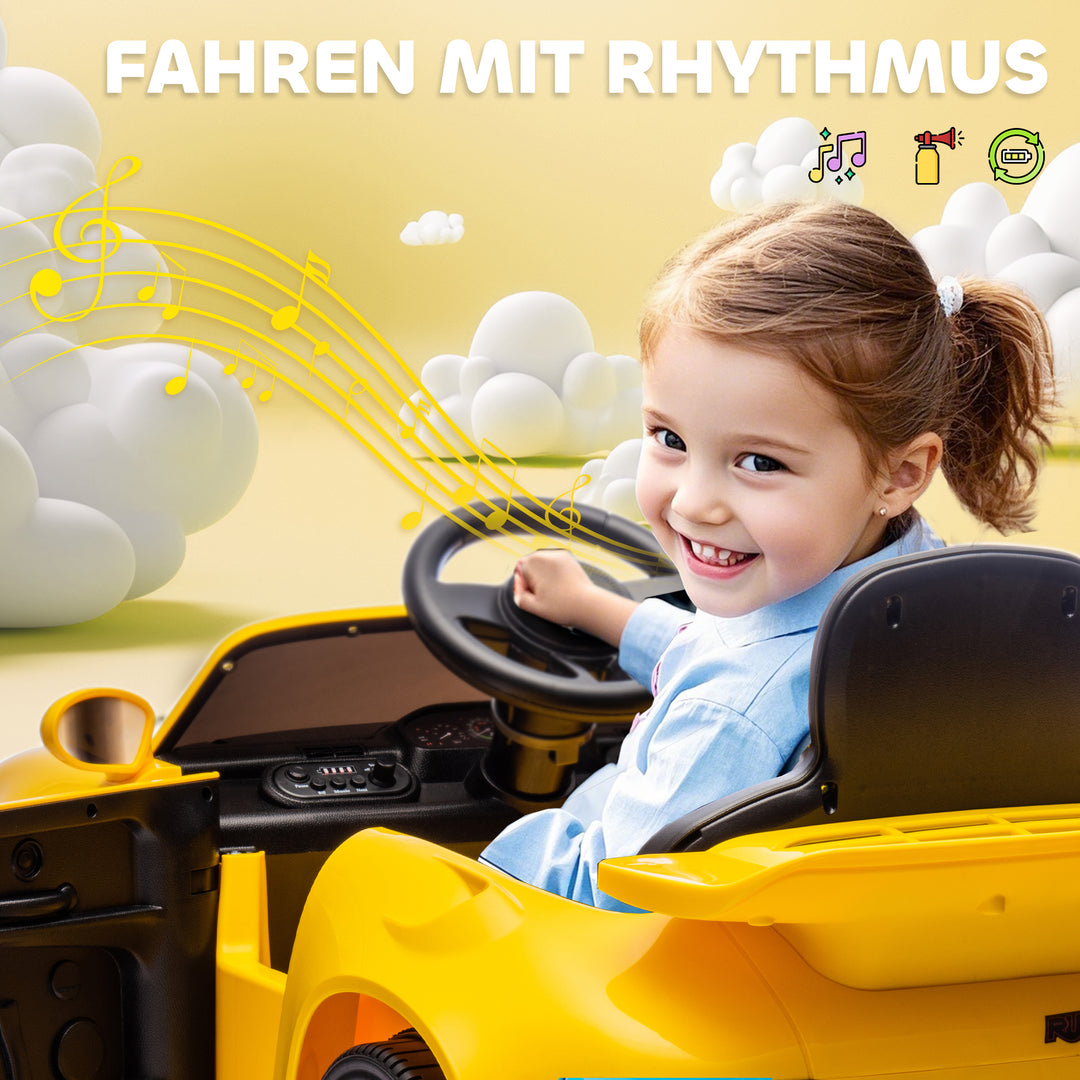 Børne elbil, 12V børnebil med fjernbetjening, softstart, MP3-afspiller, LED-lys, horn, energiindikator, gul