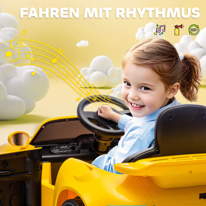 Børne elbil, 12V børnebil med fjernbetjening, softstart, MP3-afspiller, LED-lys, horn, energiindikator, gul