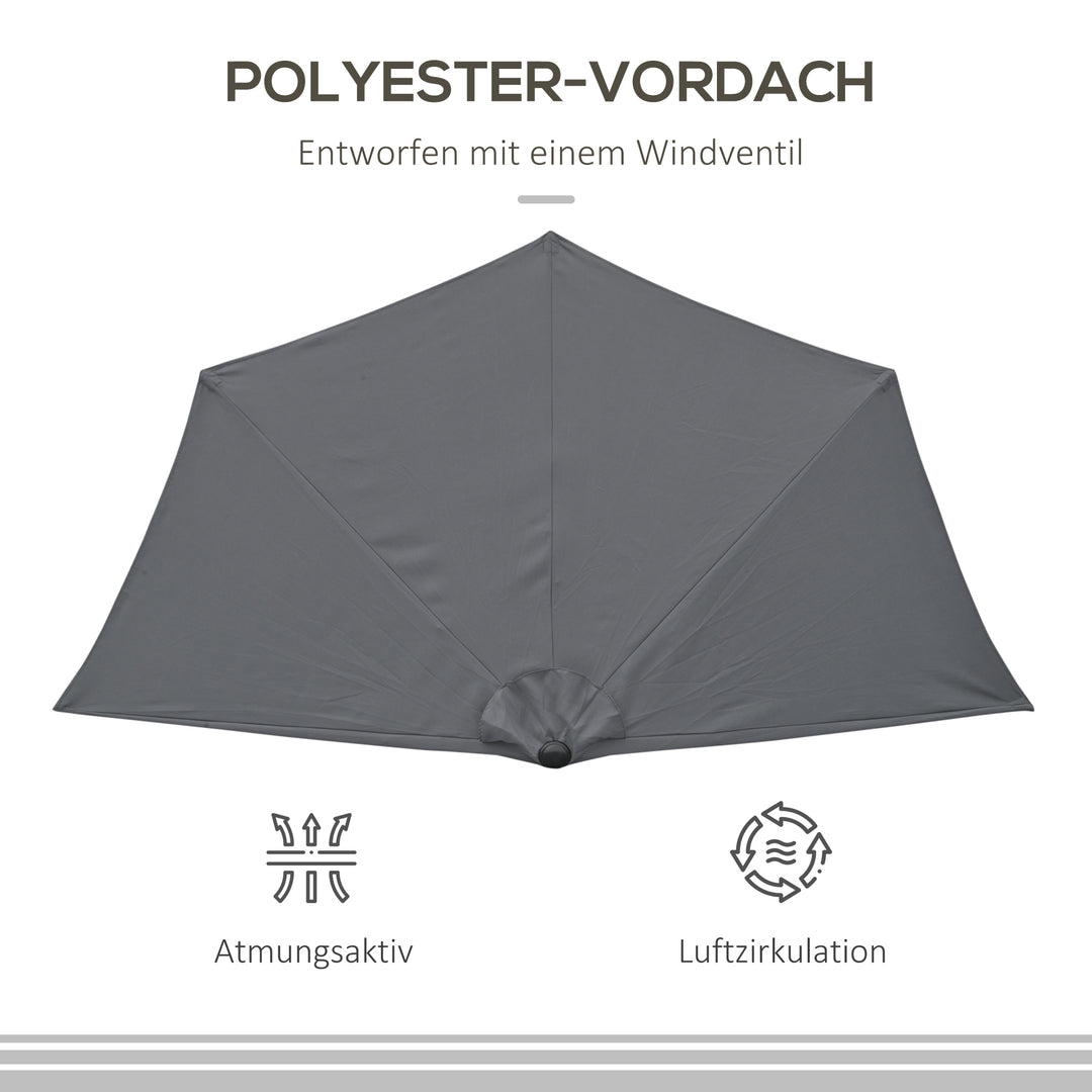 Parasol med håndsvingmekanisme, haveparasol, markedsparasol, metal, halvrund, grå og sort