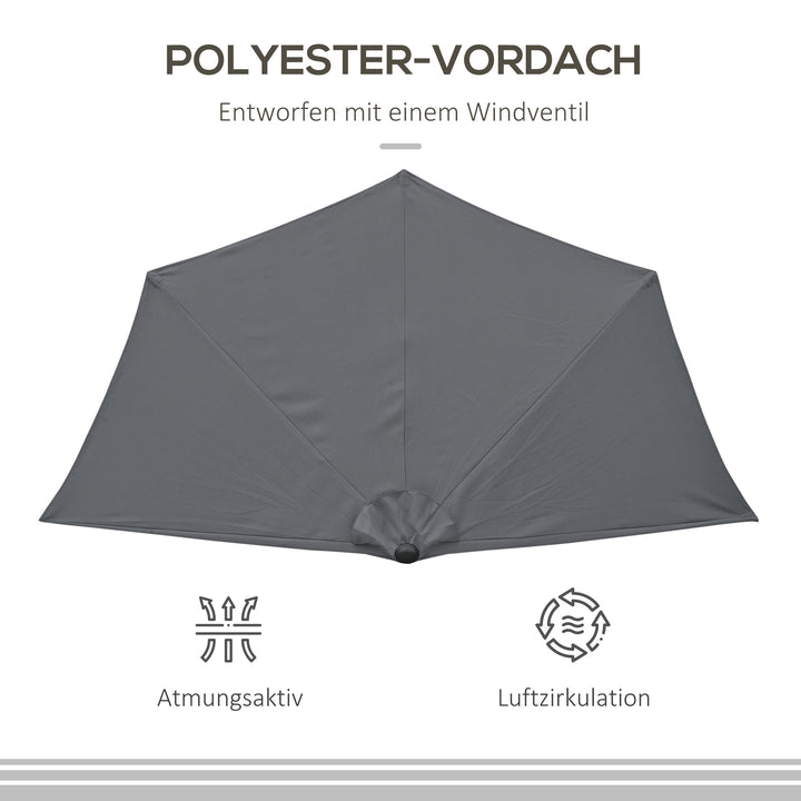 Parasol med håndsvingmekanisme, haveparasol, markedsparasol, metal, halvrund, grå og sort