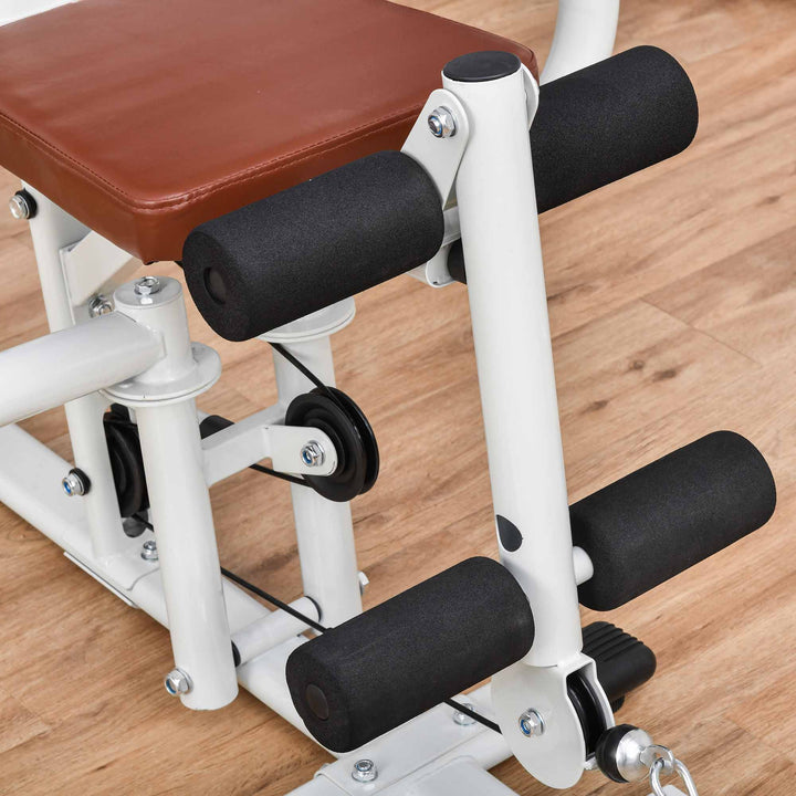 Fitnesscenter, multigym, fitnesscenter, fitnessudstyr inklusive vægte, lat pulldown, benbøjning, metal, PU-læder, hvid, 150 x 110 x 210 cm