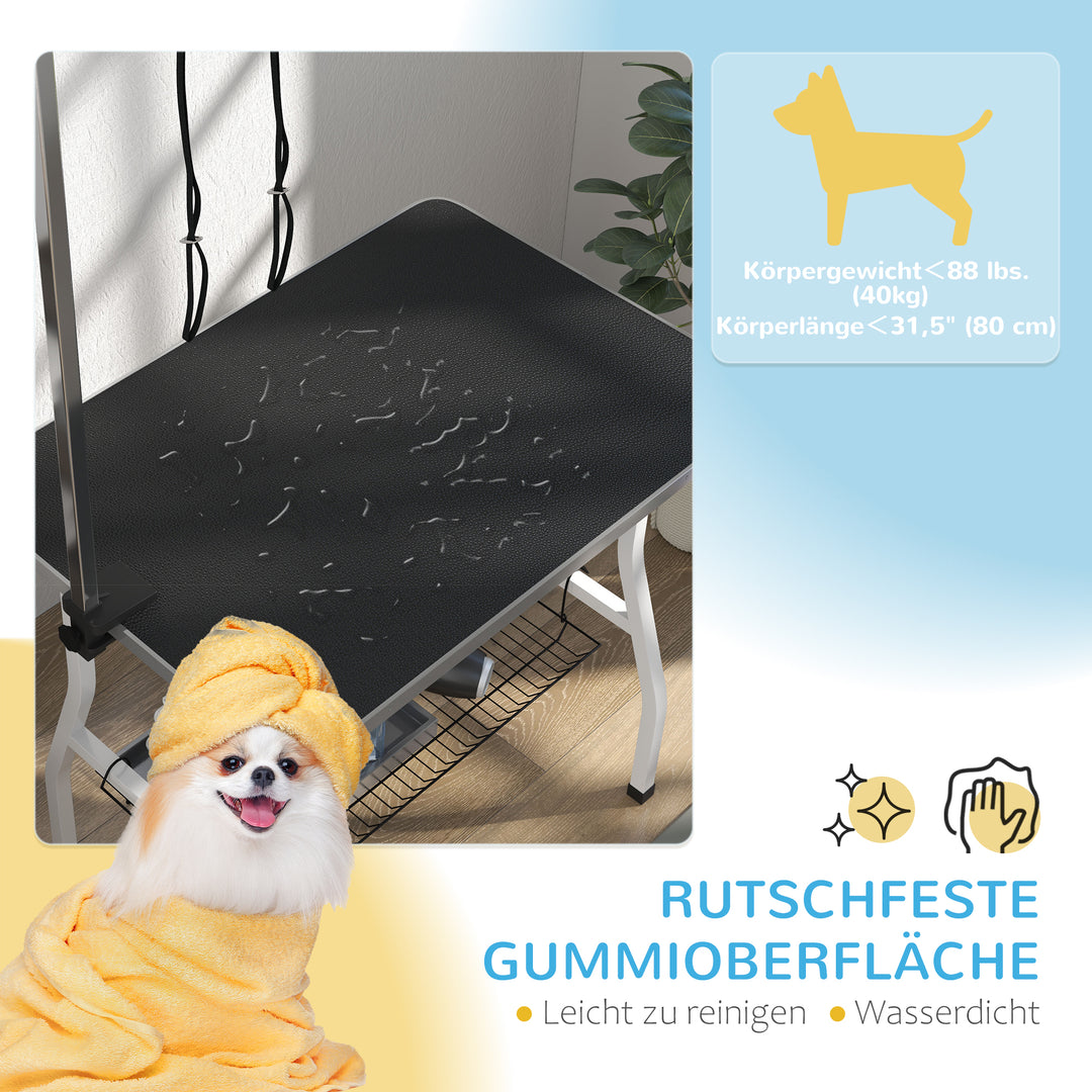 Hundetrimmebord med justerbar arm og opbevaringsrum, gummioverflade, 90 x 60 x 76 cm, sort