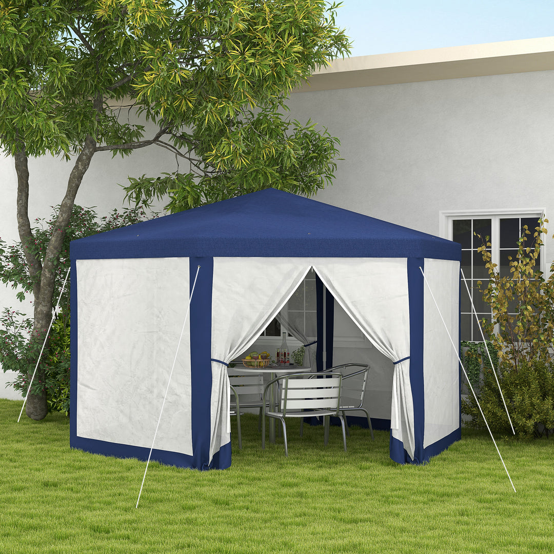 Havepavillon, sekskantet, netgardiner, metalramme, 3,94x3,412x2,5m, blå