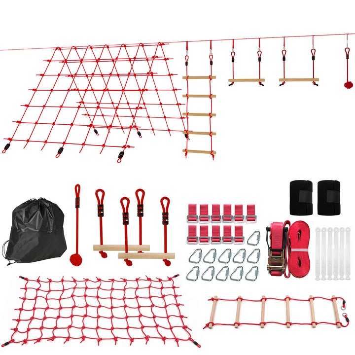 Ninja Line Kids 10m Slackline Sæt med Gymnastikringe, Gynge, Klatrestige, Klatrenet til 3-6 år, 1000x300x180 cm, Rød