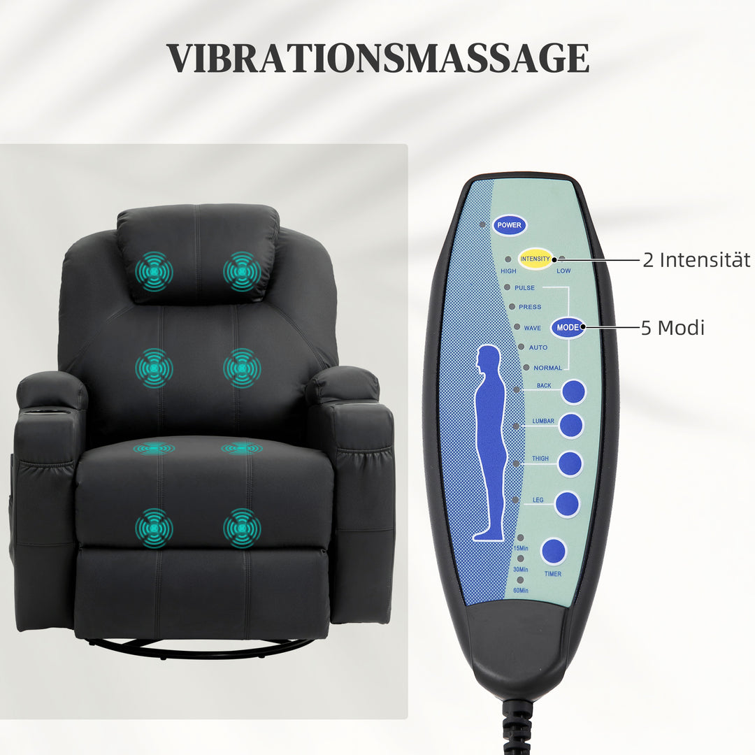 Lænestol med massagefunktion, vipbart ryglæn, drejelig, op til 150 kg, kunstlæder, sort