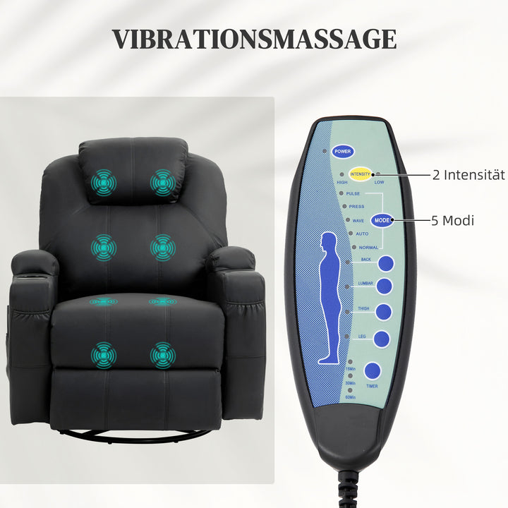 Lænestol med massagefunktion, vipbart ryglæn, drejelig, op til 150 kg, kunstlæder, sort