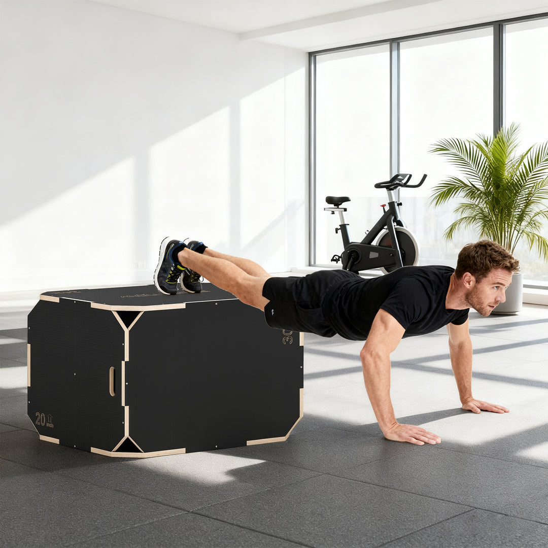 3-i-1 Plyo Box, hoppeboks med håndtagsåbninger, til hjemmefitness og udendørs træning, 3 hoppehøjder, træ, sort