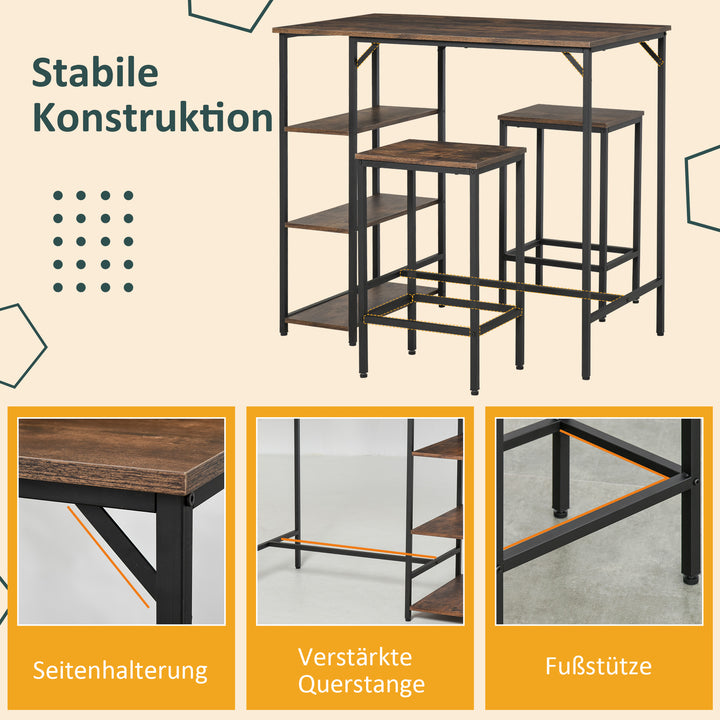 Barbordsæt højbord med 2 barstole spisebordsæt 3-delt bordsæt køkkenbord med hylder spånplade stål rustik brun+sort 109 x 60 x 100 cm