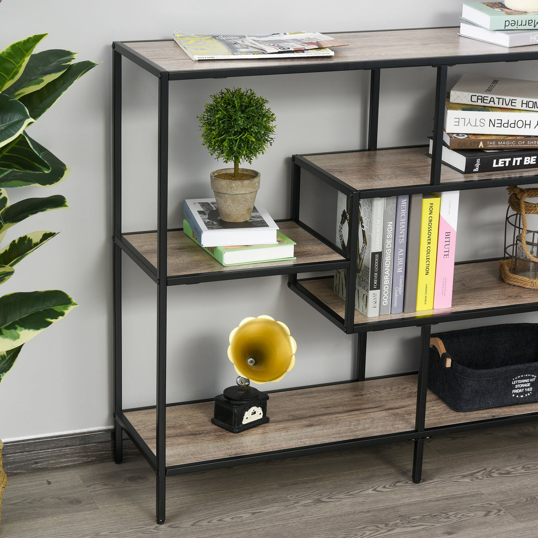 Fritstående hylde, bogreolopbevaringshylde industriel stil, arkivhylde, køkkenhylde, p2 spånplade, metal, sort+lys eg, 120 x 32 x 95 cm