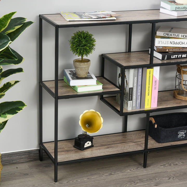 Fritstående hylde, bogreolopbevaringshylde industriel stil, arkivhylde, køkkenhylde, p2 spånplade, metal, sort+lys eg, 120 x 32 x 95 cm