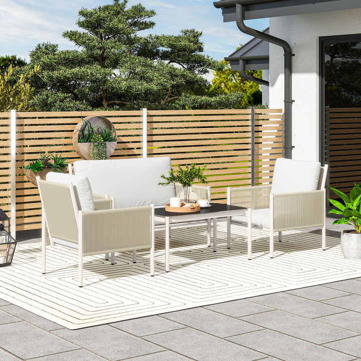 Havemøbelsæt af polyrattan loungesæt med 2-personers sofa, lænestol, glasbord, hynder til 4 personer, brun + grå