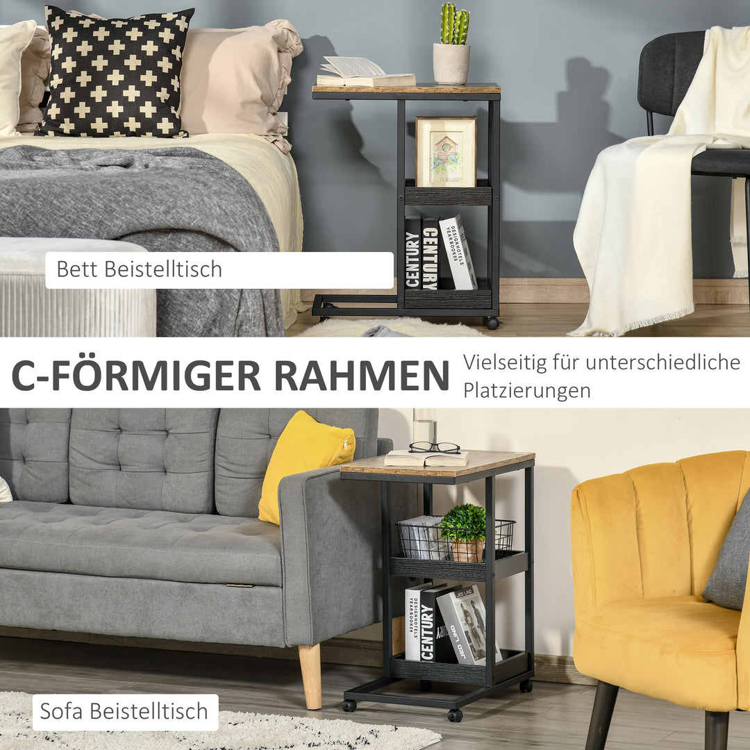 Sidebord med hjul til sofa eller seng, industriel stil, stål og træ, brun og sort
