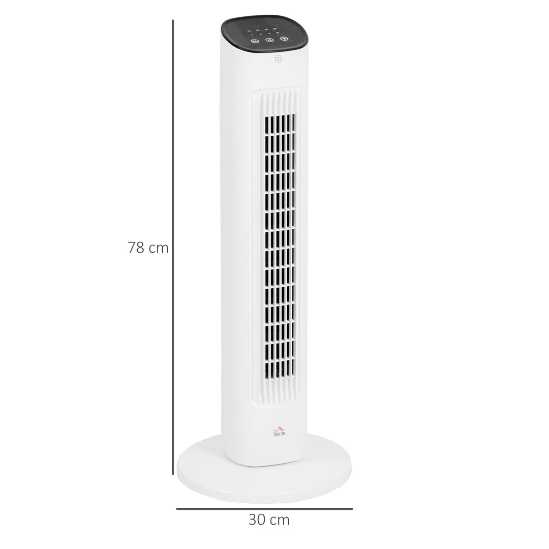 85° oscillerende tårnventilator med fjernbetjening, 3 hastigheder, 2 tilstande, timer, LED-display, 30x30x78 cm, hvid