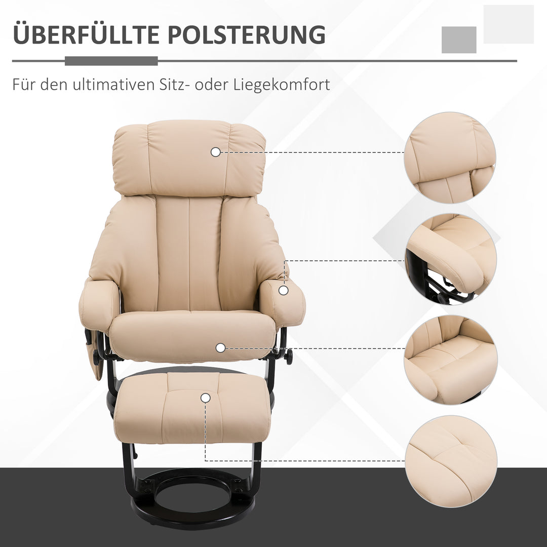 Afslappende lænestol med skammel, drejelig tv-stol med massagefunktion, lænefunktion, massagestol med fjernbetjening, sidelomme, lænestol i kunstlæder til stue cremehvid