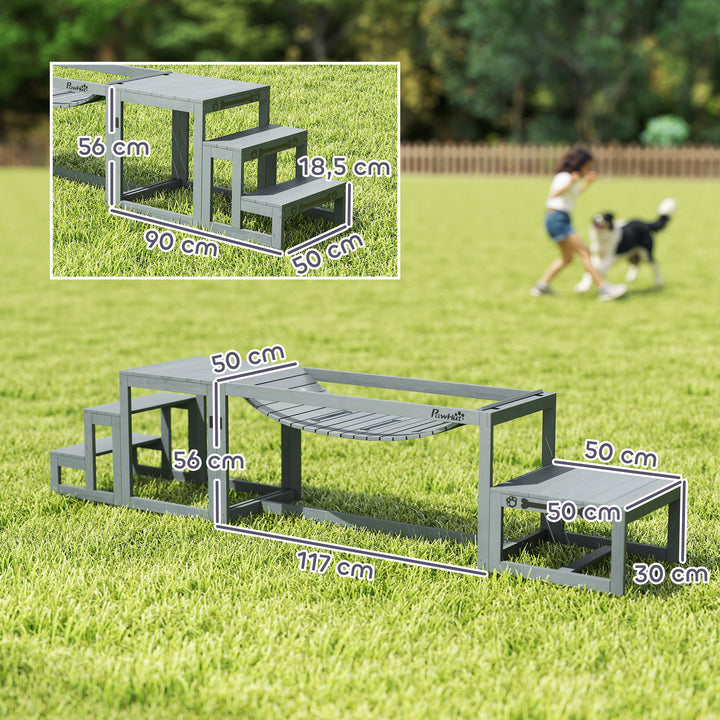 Agilitysæt til hunde, 3-delt agilityudstyr med bro, trappe, platform, fyrretræ, 117 x 50 x 56 cm, grå