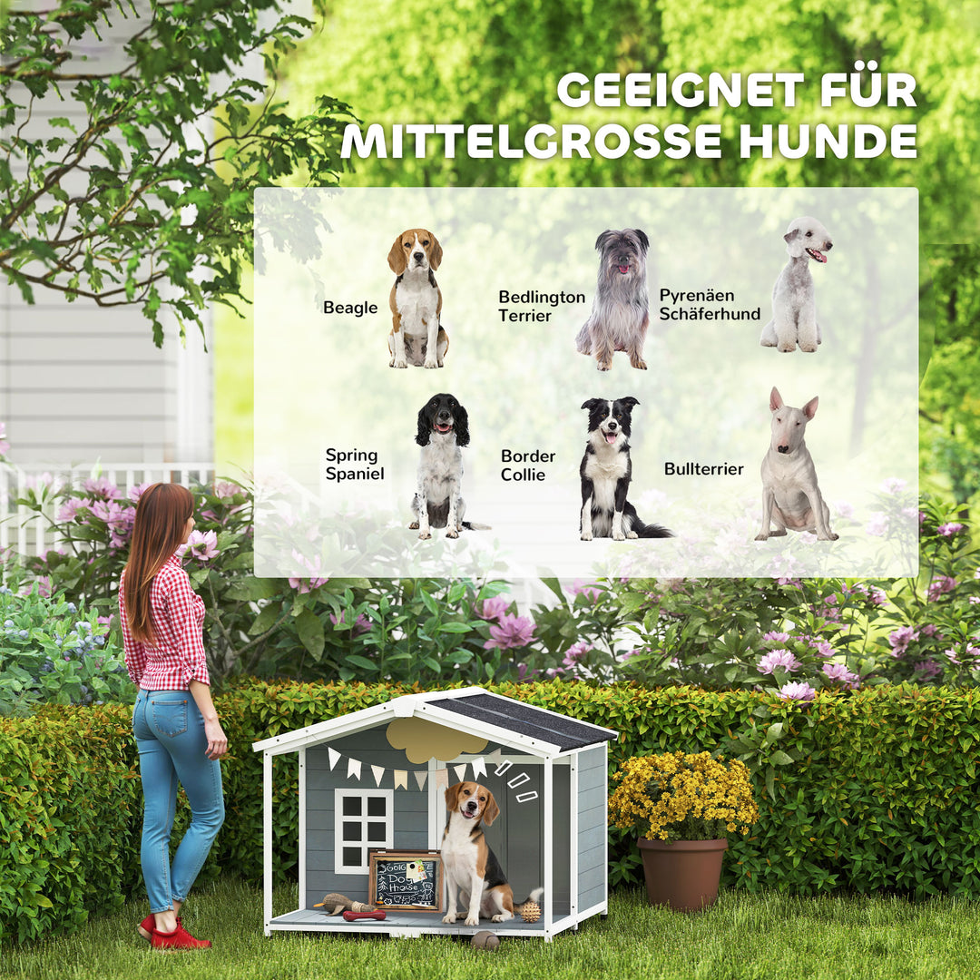 Vejrbestandigt hævet træhundehus med asfalttag og terrasse, til mellemstore hunde, 103x107x83,5cm, grå
