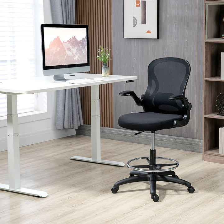 Tegnestol, højdejusterbar kontorstol, med fodstøtte, 59 cm x 65 cm x 122 cm, sort