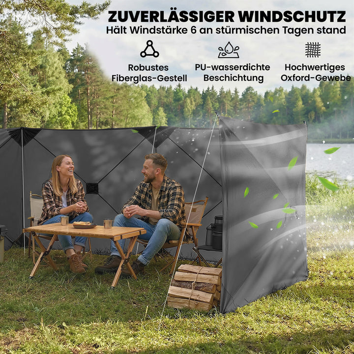 Sammenklappelig læhegn/campingskærm med barduner, jordpløkker og bæretaske til camping og havebrug, 480 x 120 cm, mørkegrå