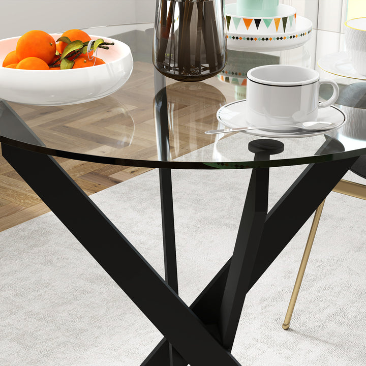 Moderne glas spisebord, 70 cm diameter, køkkenbord med hærdet glasplade og metalben, til 4 personer