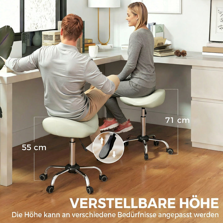 Sadelstol, højdejusterbar kørestol med PU-læder til massage, spa, klinik, skønhed og tatovering, cremehvid