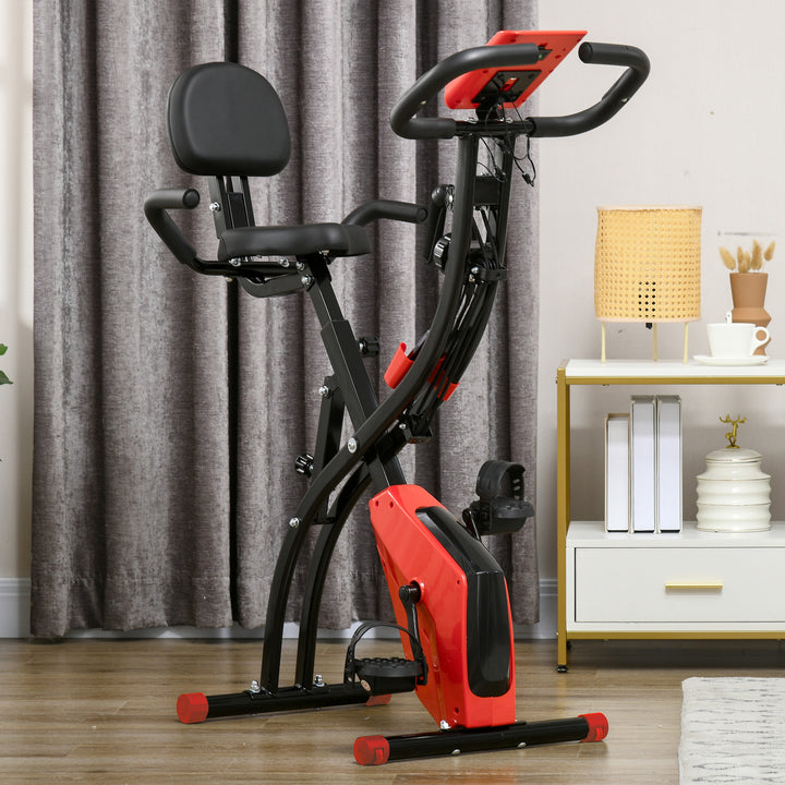 X-bike 2-i-1 motionscykel med lcd-skærm, pulsmåler, foldbar motionscykel med 8 niveauer af magnetisk modstand, 1 par spændereb, stålrød 105 x 48 x 118 cm